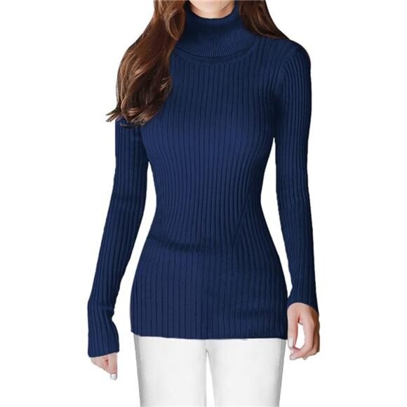 Turtleneck Ribbed Sweaters for Women Cute Sexy Knitted Warm Fitted Sweater - Picture 3 of 6
